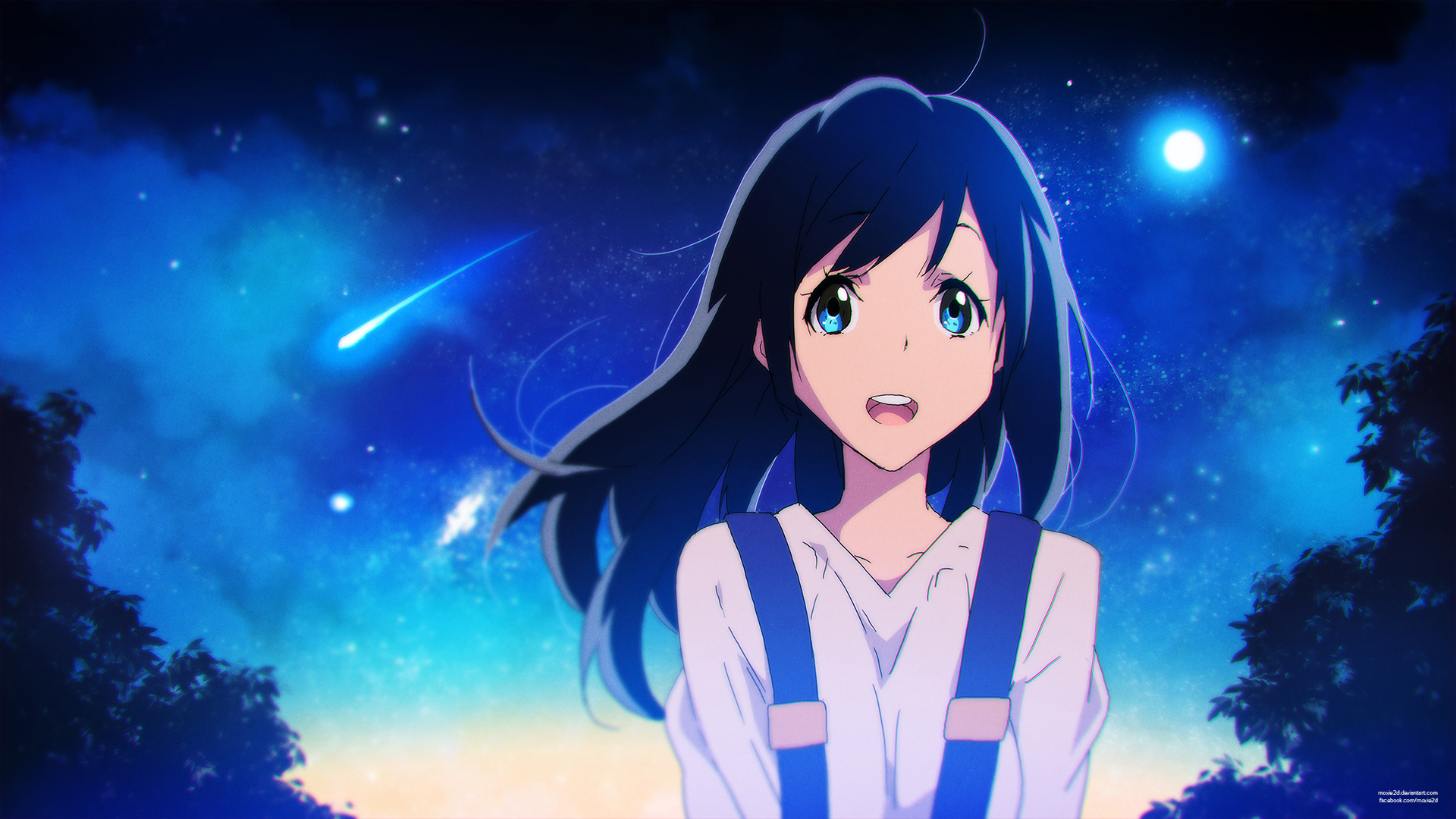 Free download wallpaper Anime, Sky, Night, Moon, Comet, Blue Eyes, Original, Long Hair on your PC desktop