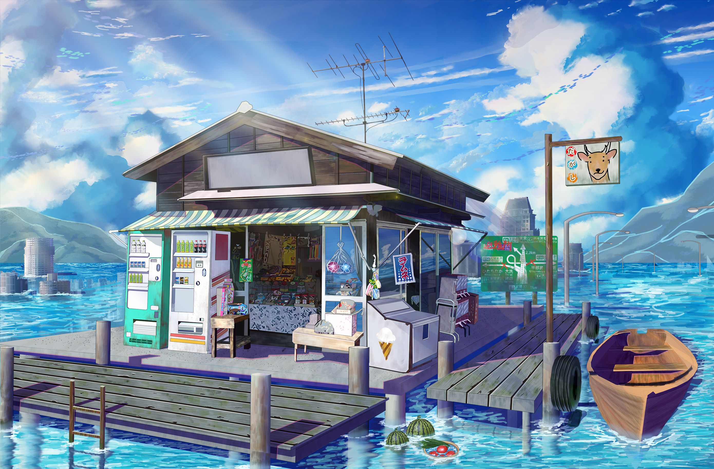 anime, shop, boat, sea, vending machine