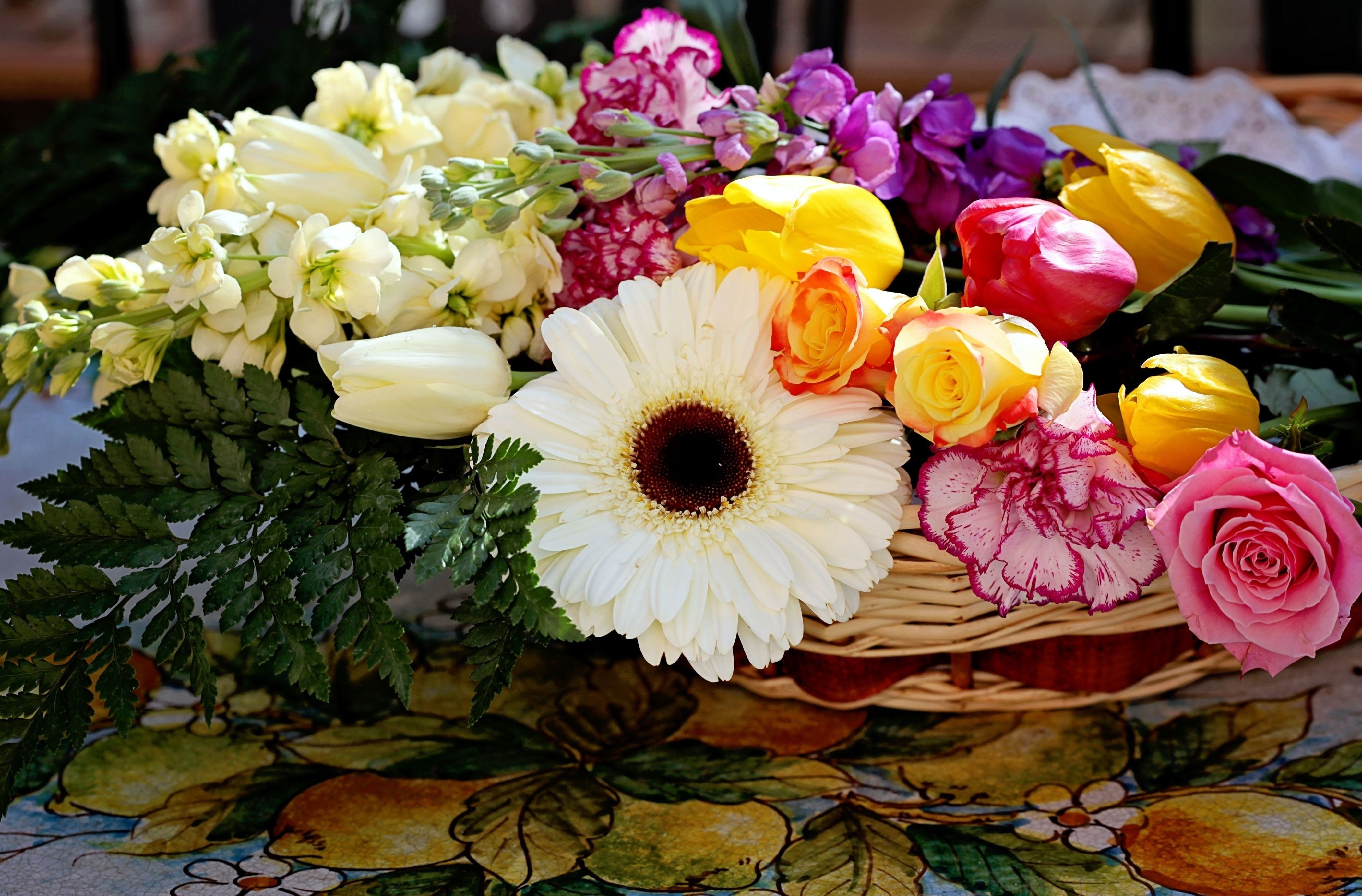 tulips, flowers, roses, carnations, gerberas, basket, composition