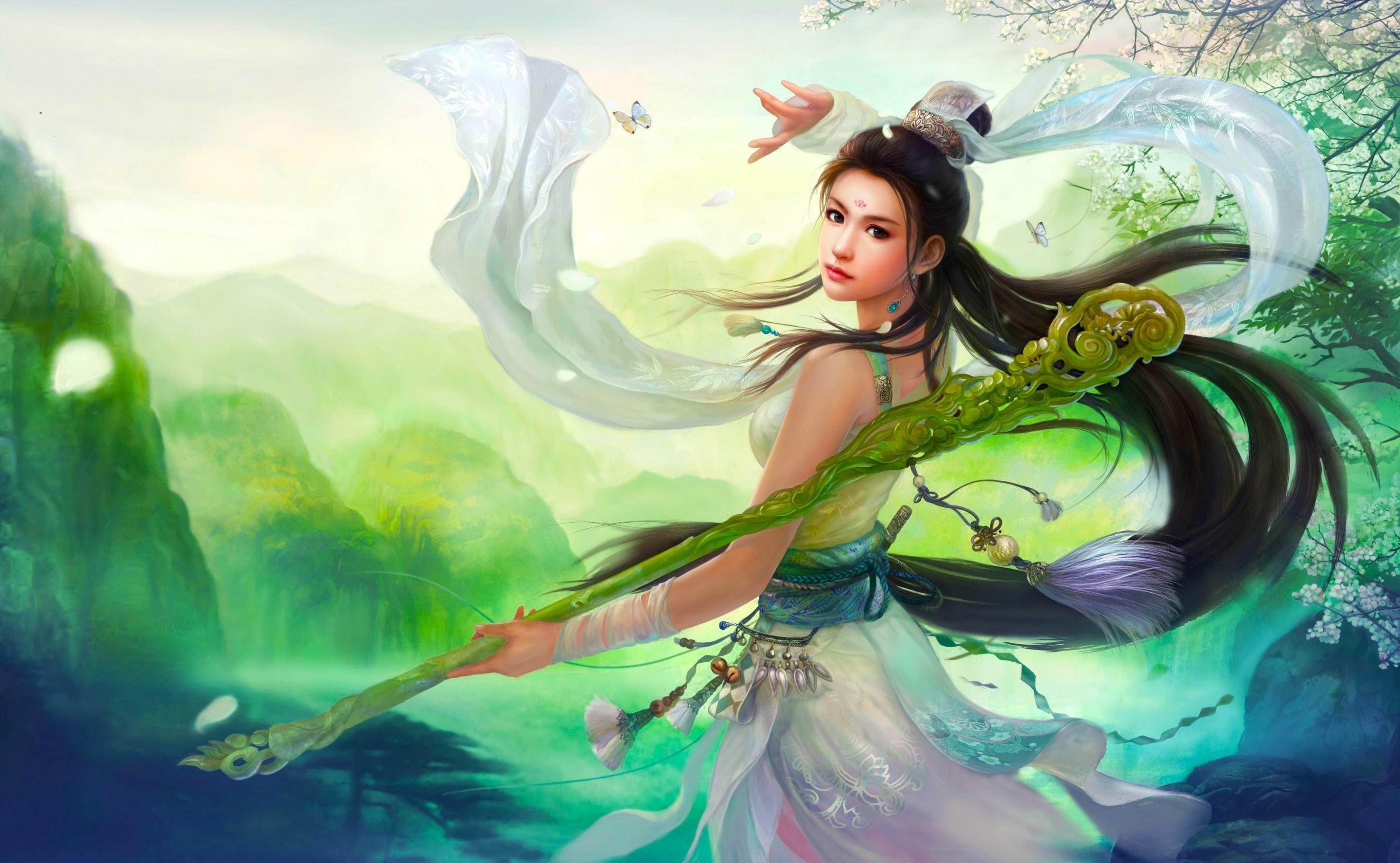 Free download wallpaper Fantasy, Oriental, Women, Staff, Asian, Long Hair, Brown Hair on your PC desktop