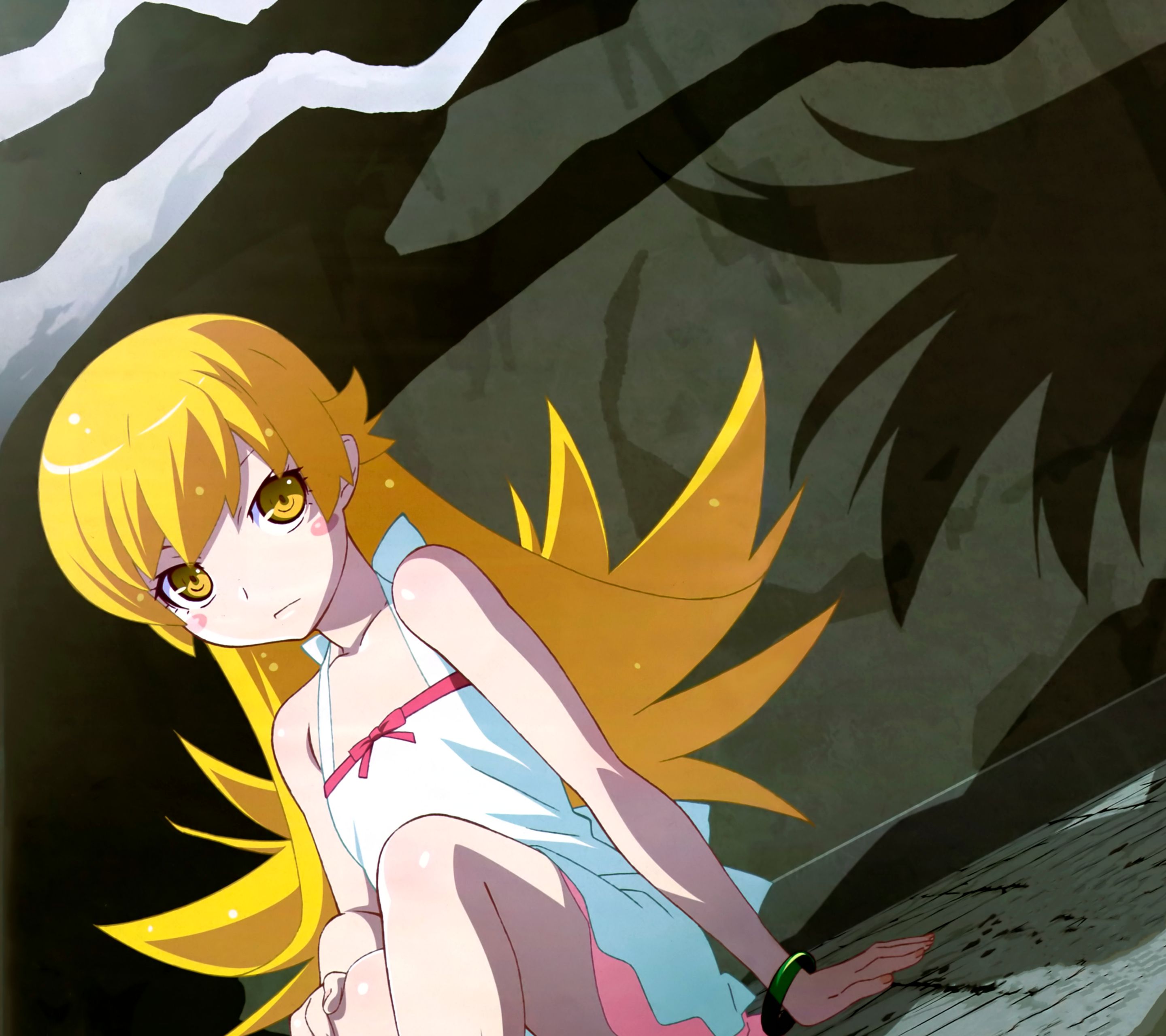 Baixe gratuitamente a imagem Anime, Loiro, Olhos Amarelos, Cabelo Longo, Monogatari (Série), Cabelo Loiro, Shinobu Oshino, Kiss Shot Acerola Orion Heart Under Blade na área de trabalho do seu PC