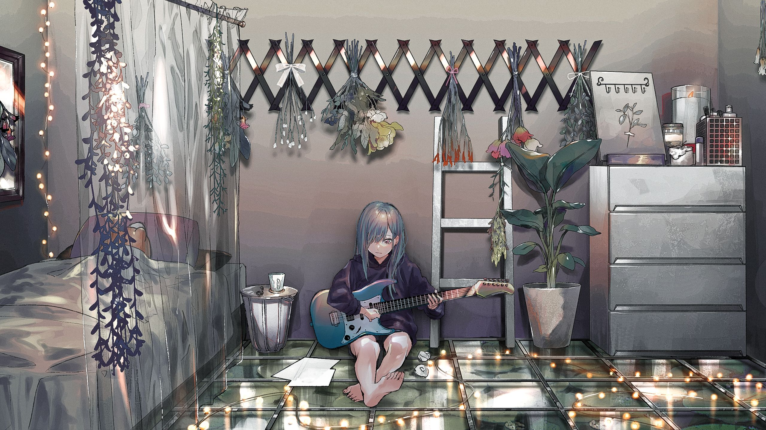 plant, anime, music, bedroom, blue hair, feet, flower, guitar
