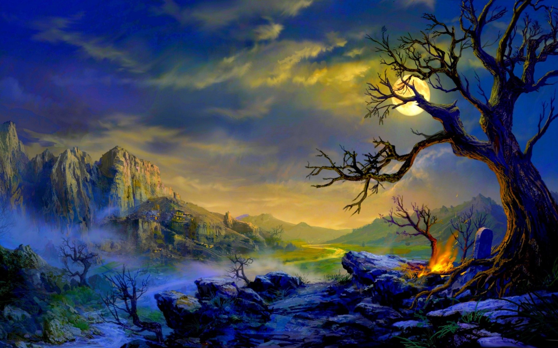 Download mobile wallpaper Landscape, Fantasy, Moon, Tree for free.