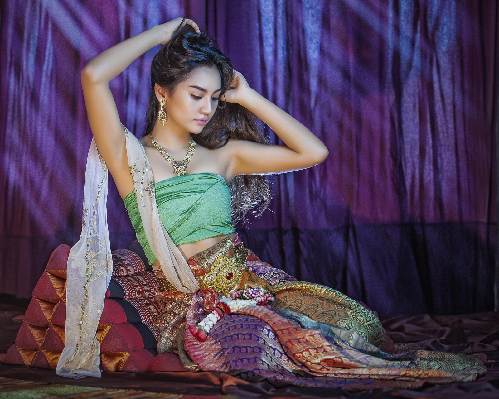 Download mobile wallpaper Oriental, Model, Women, Earrings, Necklace, Asian, Traditional Costume, Thai, Drape for free.
