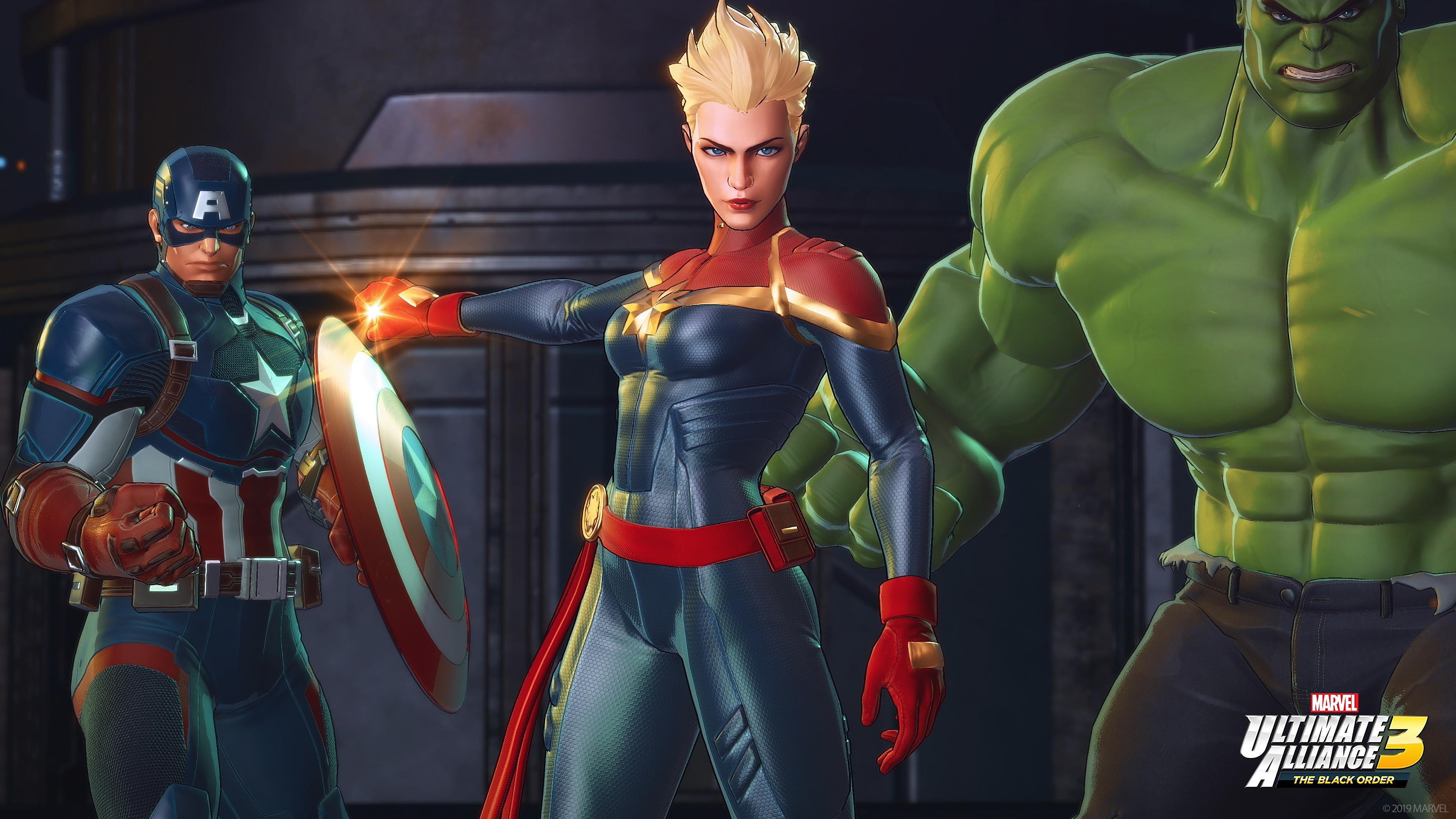 Handy-Wallpaper Hulk, Computerspiele, Kapitän Amerika, Kapitän Marvel, Carol Danvers, Marvel Ultimate Alliance 3: The Black Order kostenlos herunterladen.