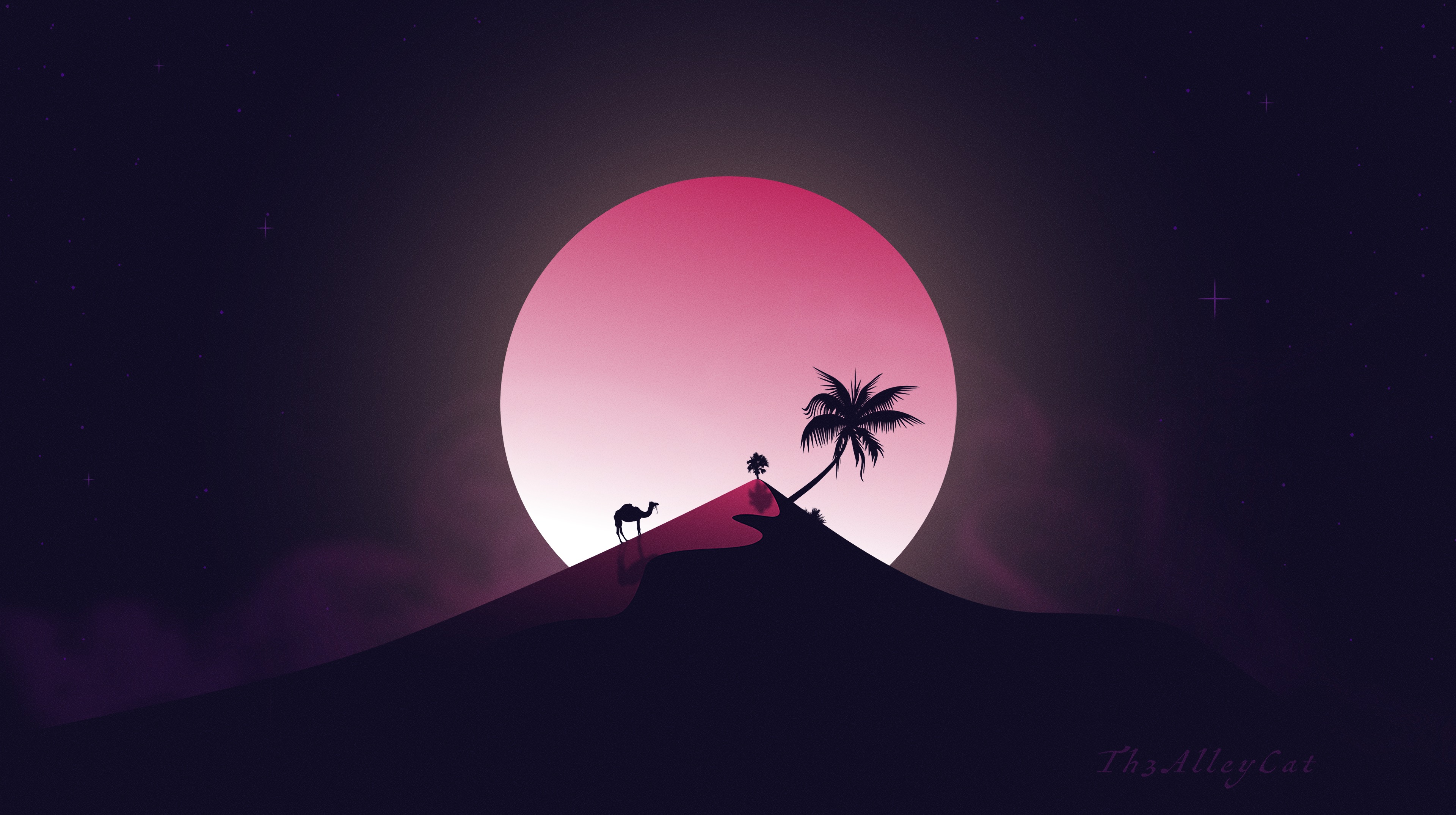 moon, camel, art, desert, palm, hill