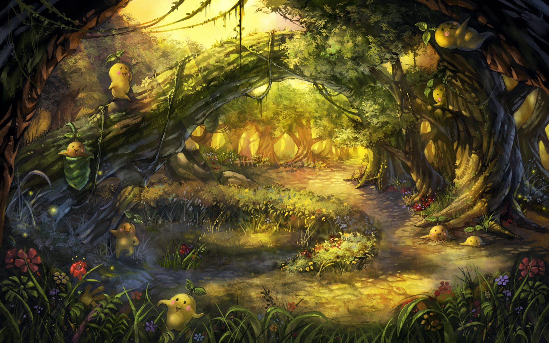 Download mobile wallpaper Landscape, Fantasy, Forest, Tree, Creature, Sunbeam for free.