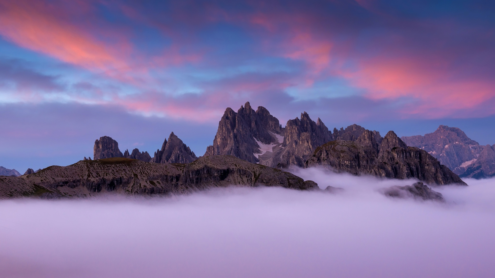 mountains, italy, earth, mountain, dolomites, fog, pink, purple, sky, sunset