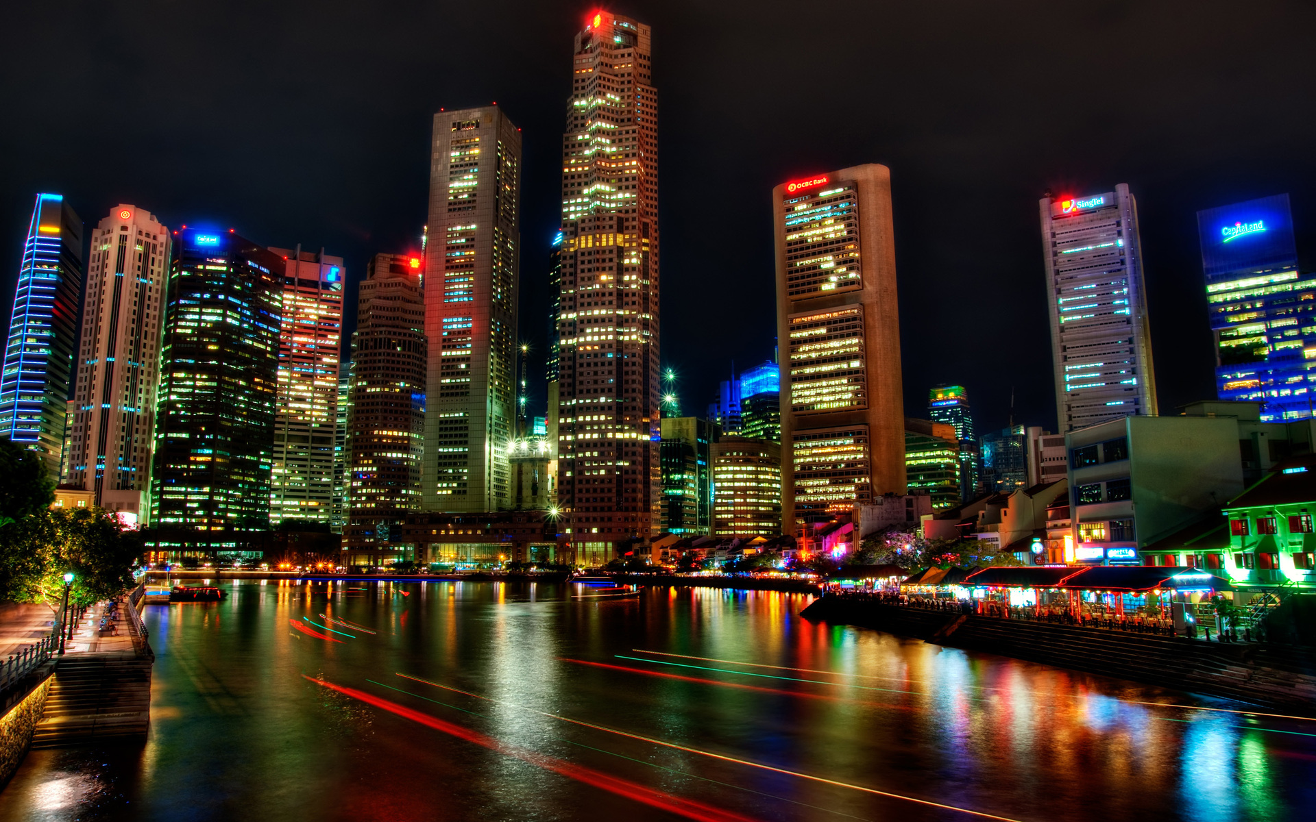 Завантажити шпалери безкоштовно Річка, Ніч, Світло, Сінгапур, Створено Людиною картинка на робочий стіл ПК
