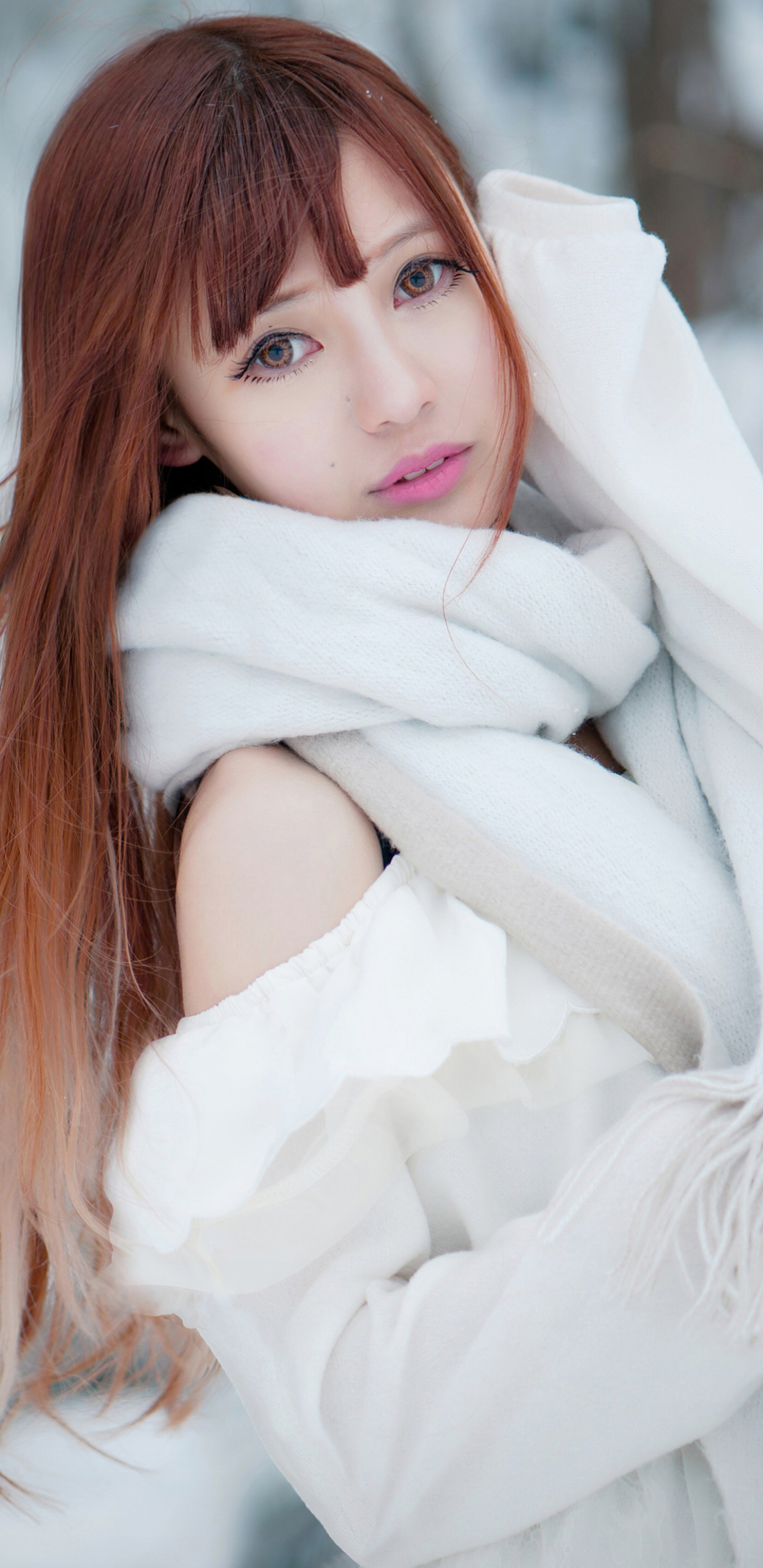 Download mobile wallpaper Brunette, Model, Women, Scarf, Asian, Brown Eyes for free.