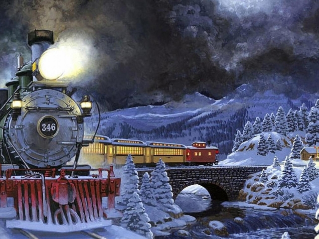 Download mobile wallpaper Winter, Snow, Mountain, Bridge, Artistic, Train, Locomotive for free.