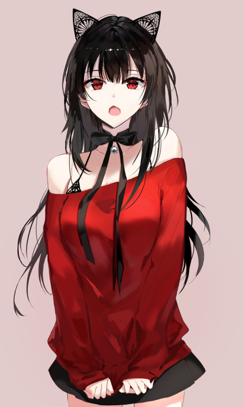 Download mobile wallpaper Anime, Original, Red Eyes, Black Hair, Long Hair, Animal Ears for free.