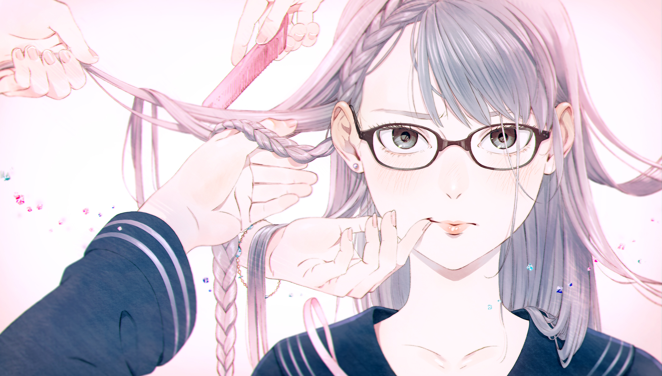 Download mobile wallpaper Anime, Hand, Glasses, Original, Pink Hair, Braid, Blush, Long Hair, Grey Eyes for free.