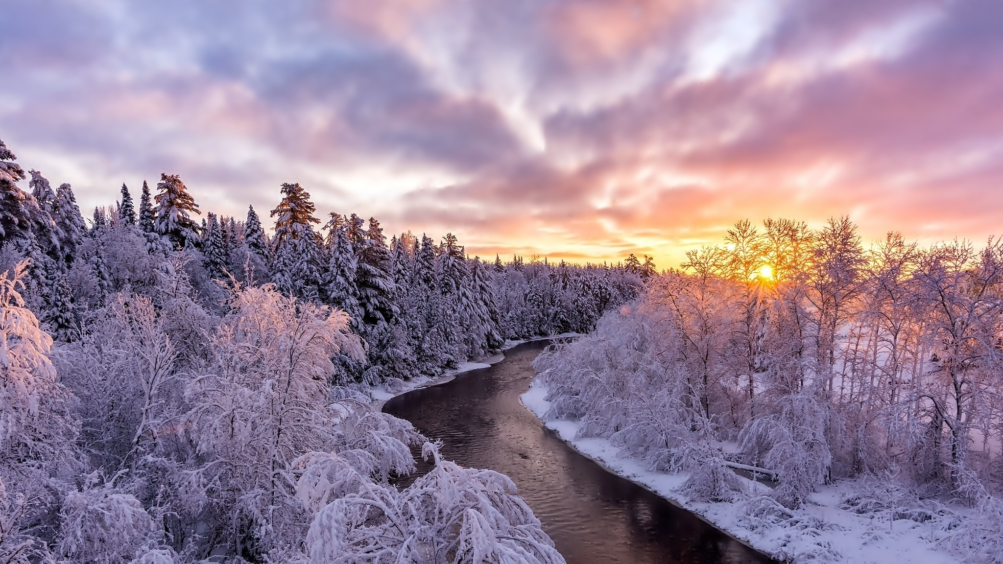Скачать картинку Зима, Река, Закат, Снег, Лес, Дерево, Земля/природа в телефон бесплатно.
