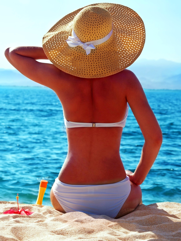 Download mobile wallpaper Beach, Summer, Beautiful, Tropical, Hat, Women for free.