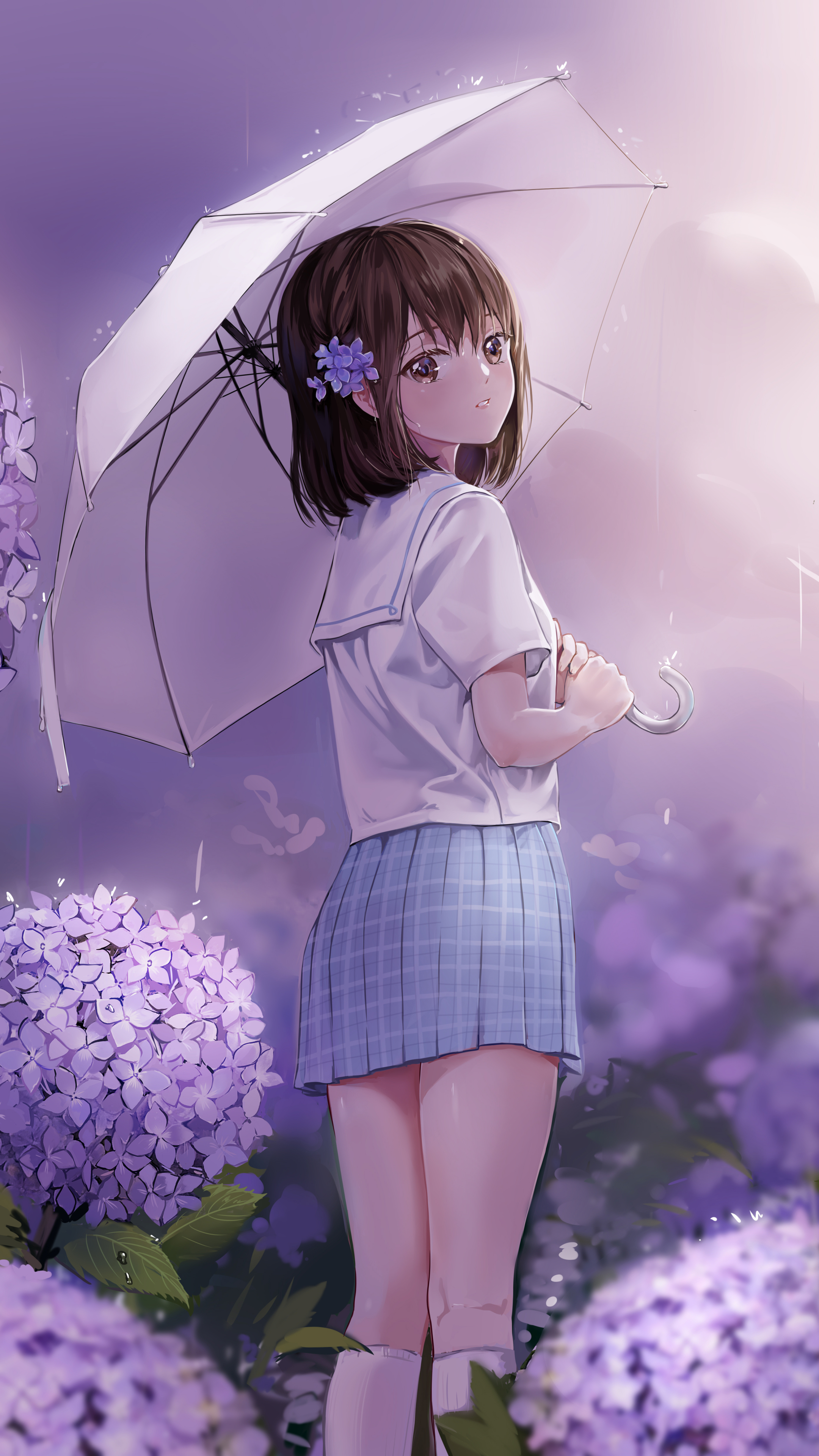 Download mobile wallpaper Anime, Girl, Umbrella, Hydrangea, Purple Flower, Brown Hair, Purple Eyes for free.