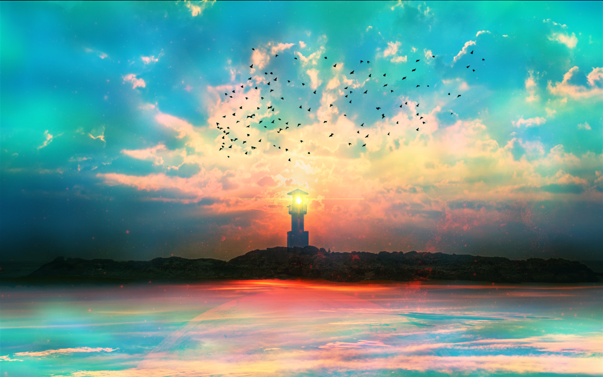 Handy-Wallpaper Ozean, Leuchtturm, Wolke, Himmel, Sonnenuntergang, Künstlerisch kostenlos herunterladen.