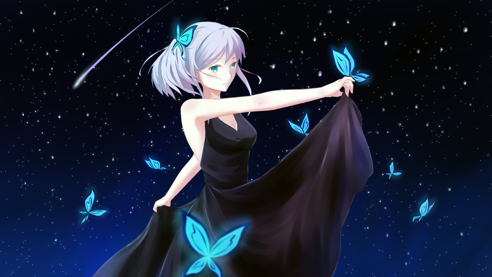 Download mobile wallpaper Anime, Sky, Stars, Night, Butterfly, Original, Short Hair, White Hair, Aqua Eyes for free.