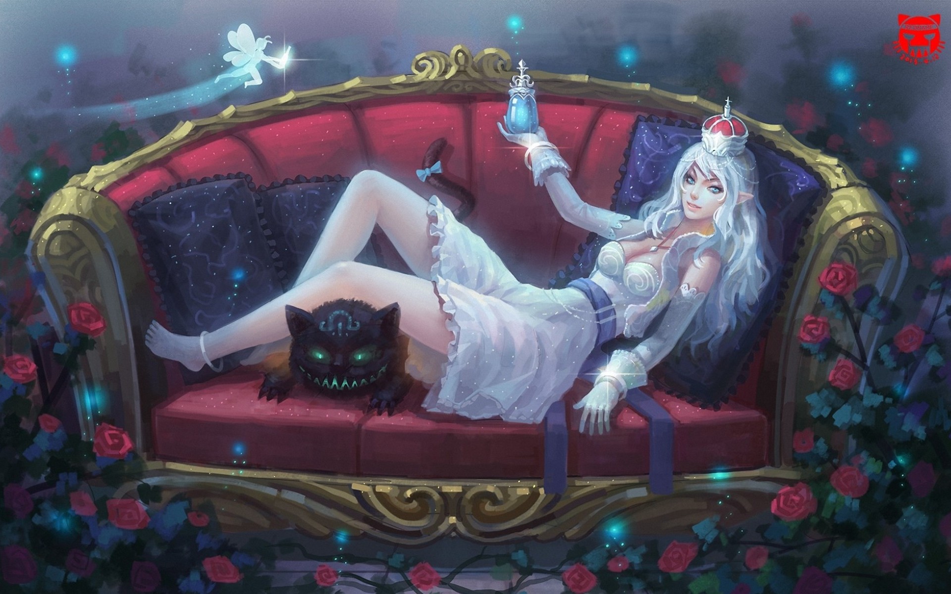 Download mobile wallpaper Fantasy, Cat, Rose, Crown, Sofa, Elf for free.