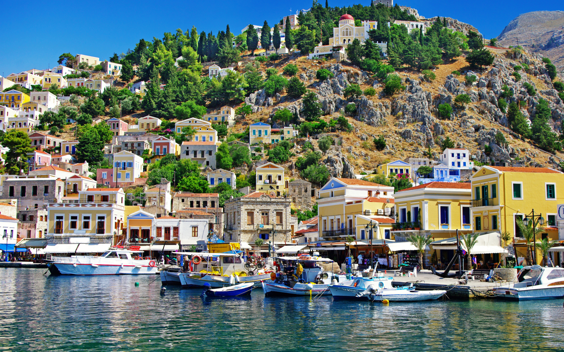Laden Sie das Städte, Stadt, Küste, Haus, Farben, Boot, Bunt, Griechenland, Menschengemacht-Bild kostenlos auf Ihren PC-Desktop herunter