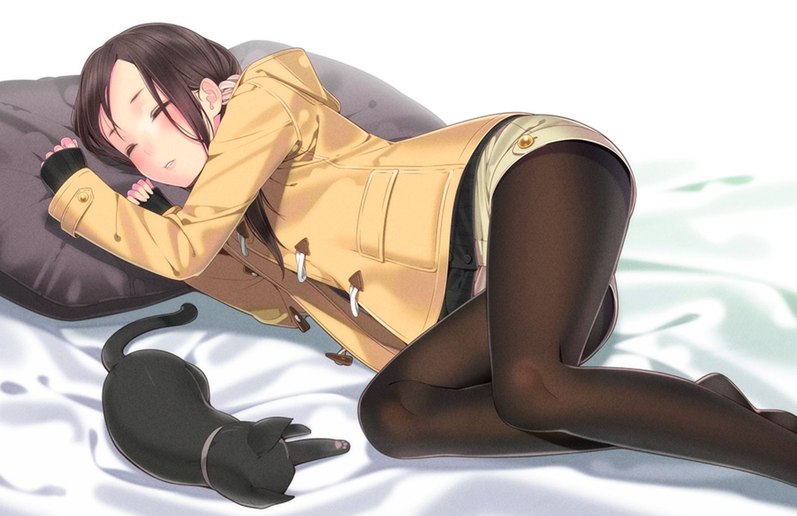 Download mobile wallpaper Anime, Cat, Pillow, Bed, Jacket, Shorts, Original, Thigh Highs for free.