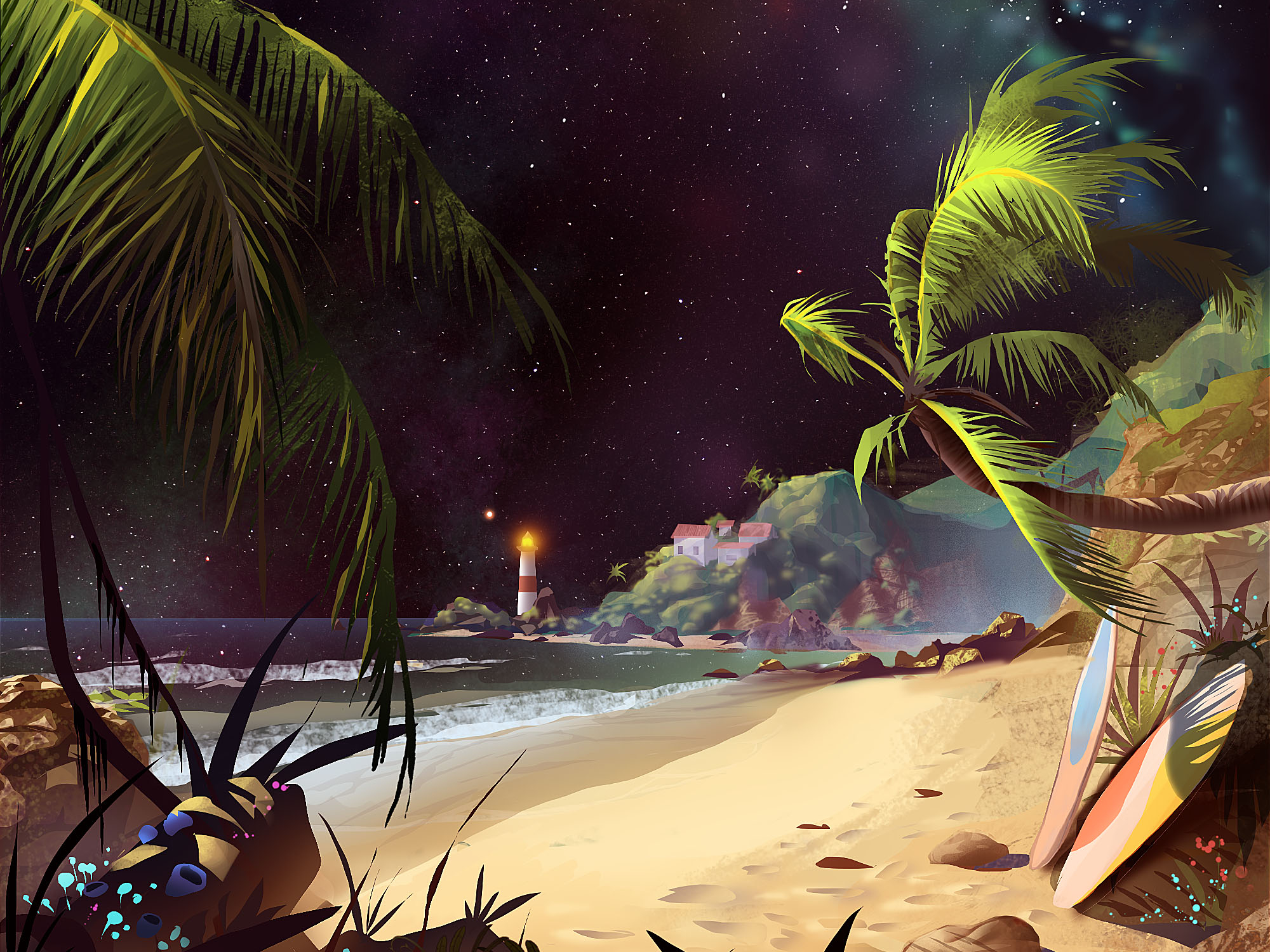 Download mobile wallpaper Landscape, Fantasy, Beach, Ocean, Lighthouse, Surfboard for free.