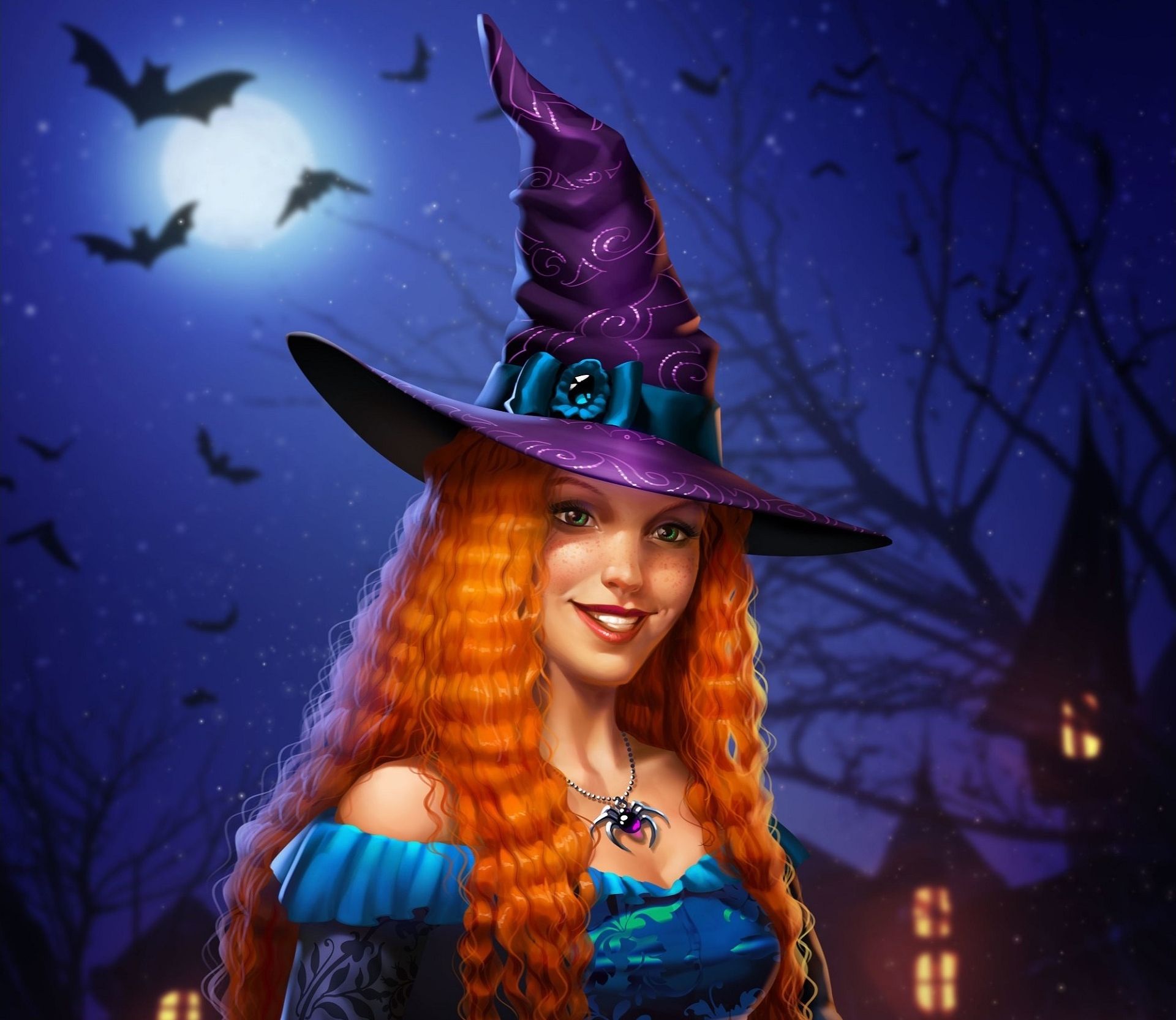 Download mobile wallpaper Fantasy, Night, Redhead, Bat, Witch, Witch Hat for free.