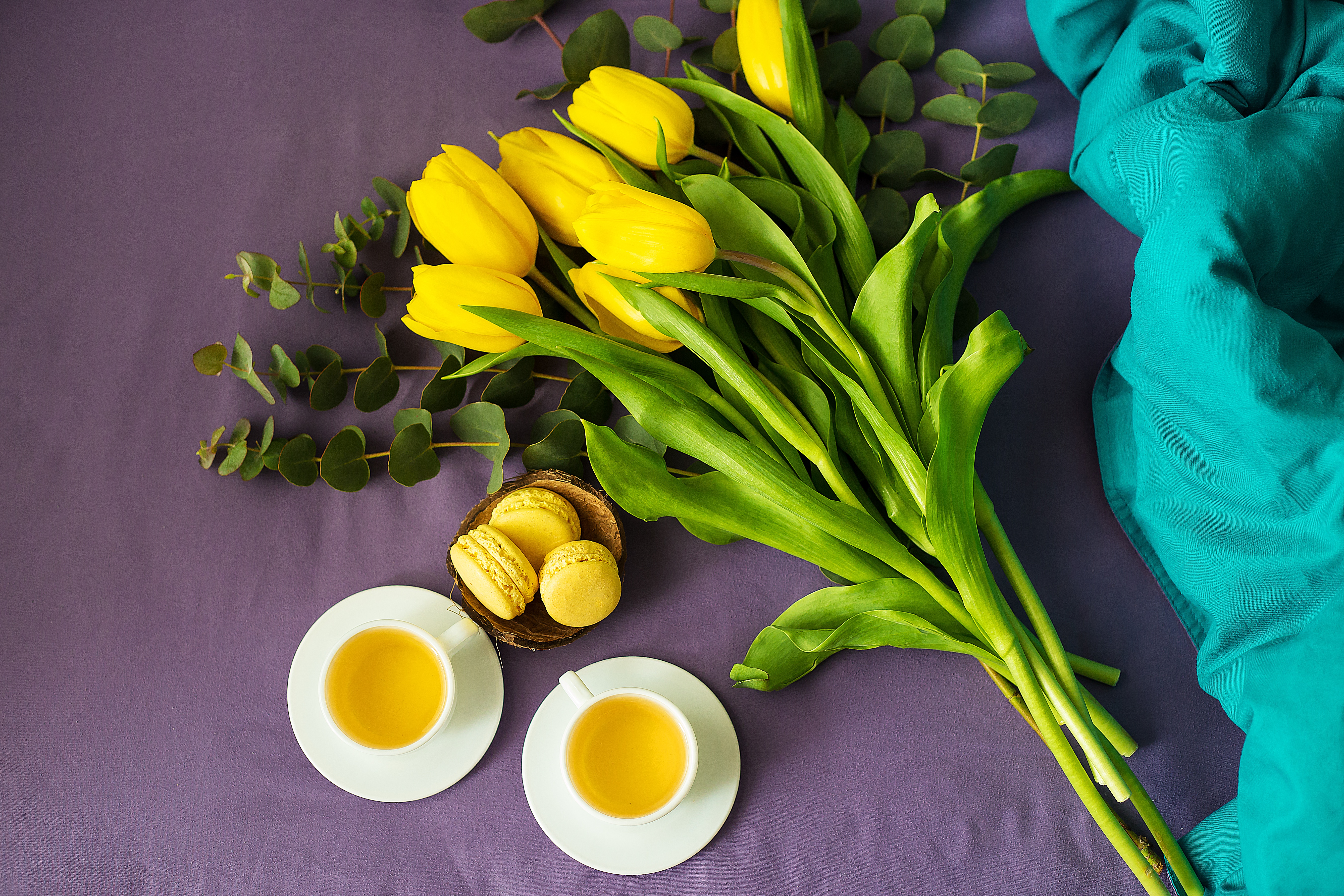 Download mobile wallpaper Food, Bouquet, Tea, Tulip, Macaron for free.