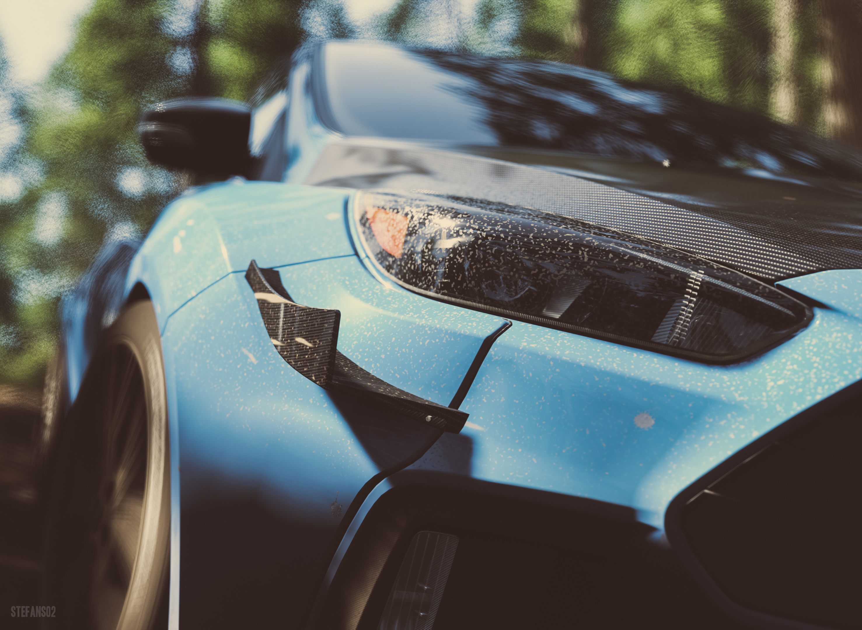 cars, blue, car, close up, front view, machine, headlight Panoramic Wallpaper
