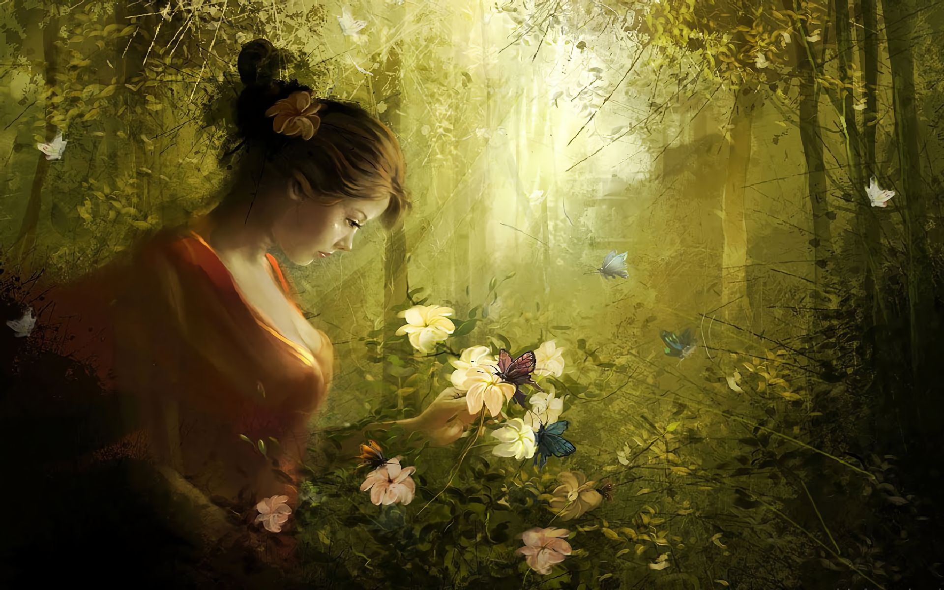 Free download wallpaper Fantasy, Flower, Forest, Butterfly, Women on your PC desktop
