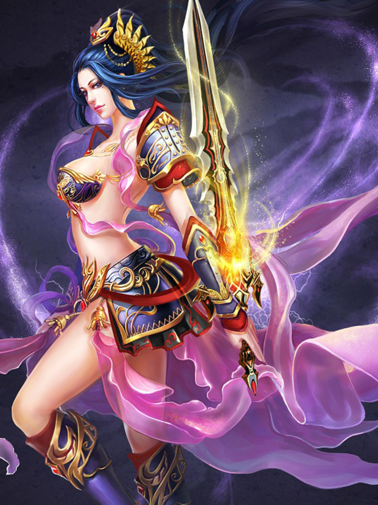 Download mobile wallpaper Fantasy, Purple, Sword, Blue Hair, Women Warrior, Woman Warrior for free.