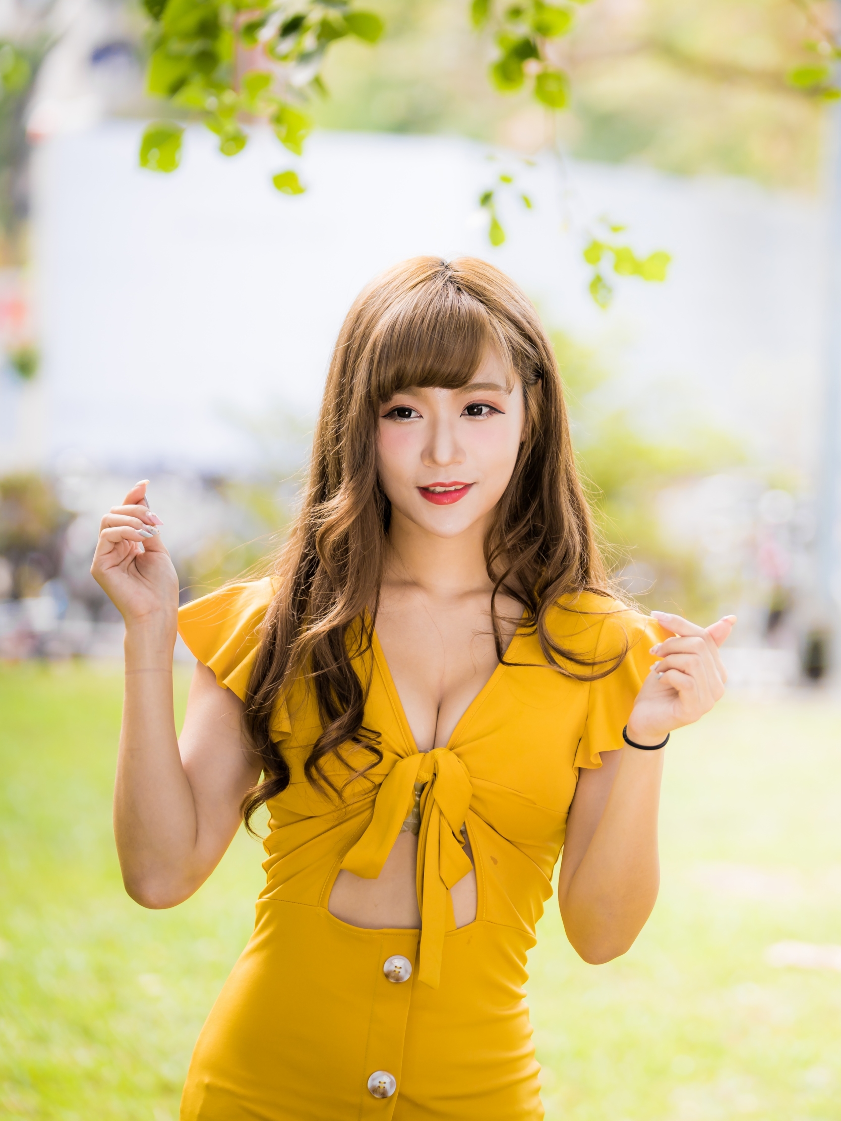 Download mobile wallpaper Brunette, Model, Women, Yellow Dress, Asian, Lipstick, Depth Of Field for free.