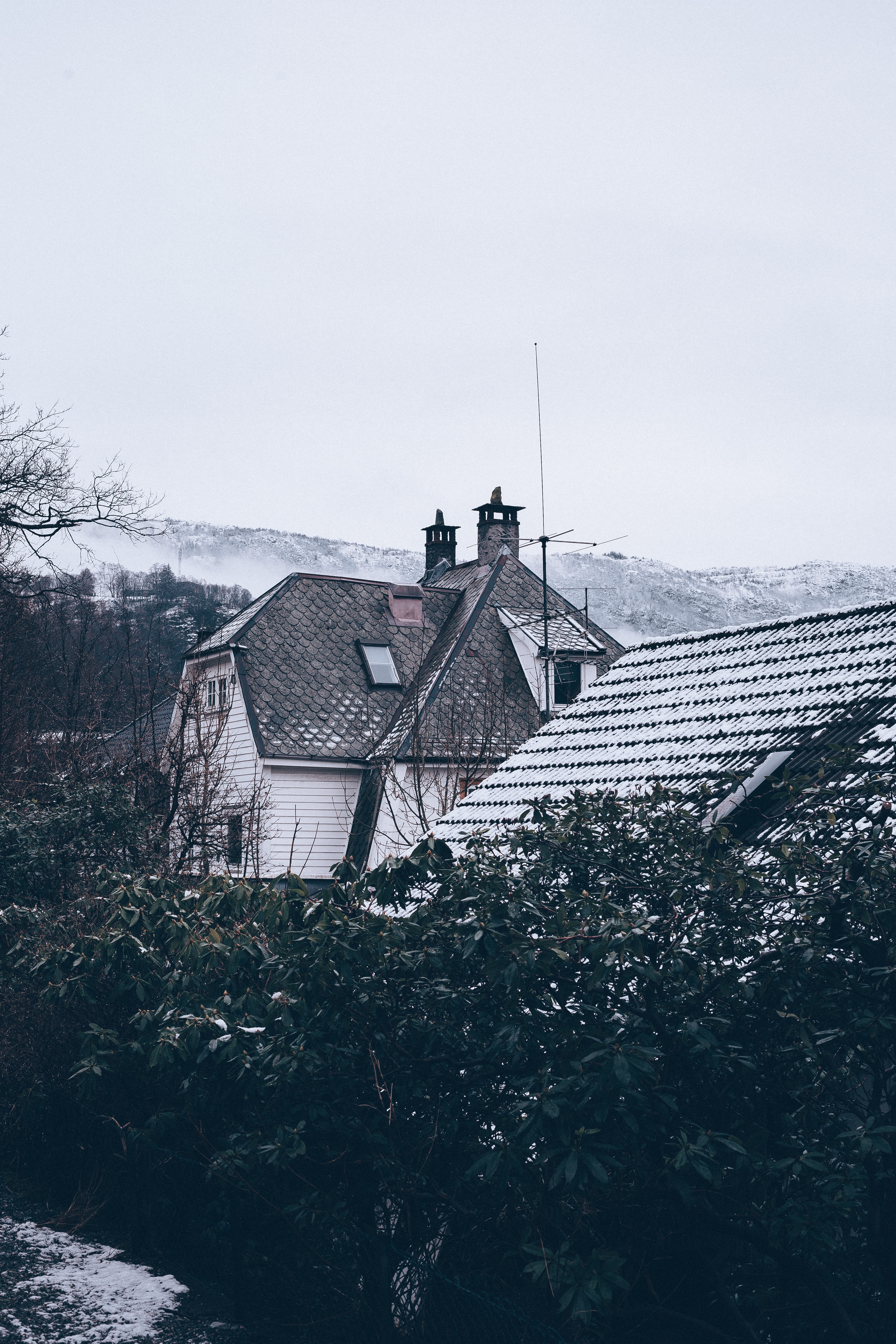 Free download wallpaper Cities, Winter, Trees, Mountains, Snow, Roof, House on your PC desktop