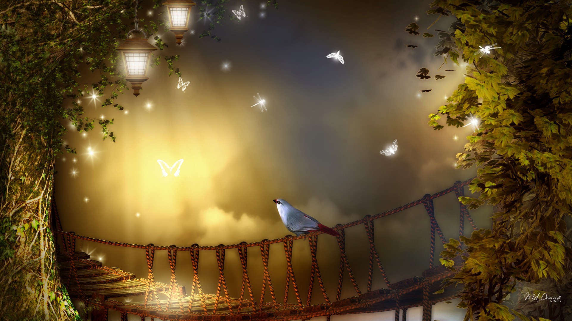 artistic, bridge, bird, lantern, light, rope bridge, bridges