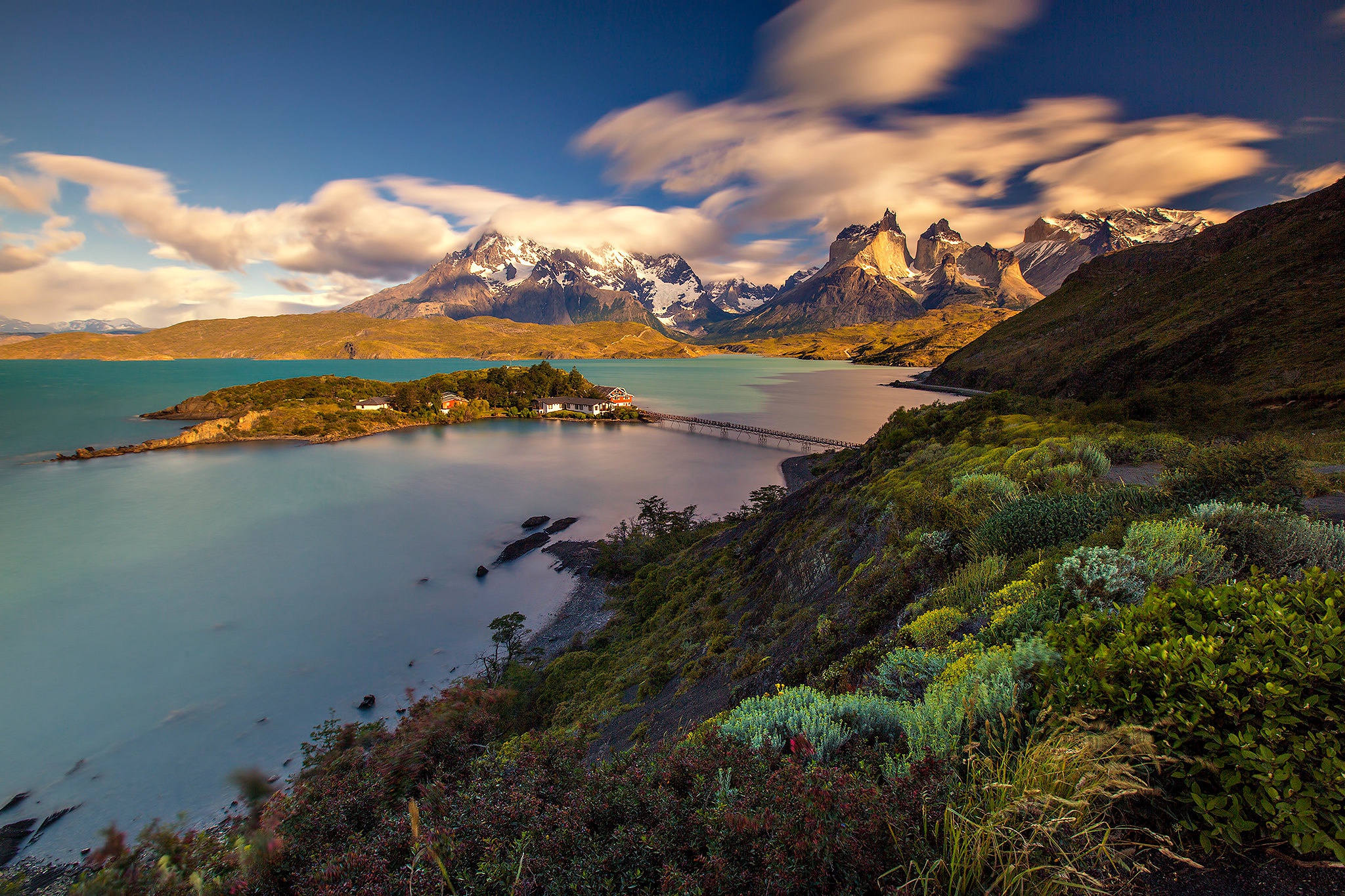 Download mobile wallpaper Mountains, Mountain, Lake, Earth, Bridge, Island, Torres Del Paine for free.