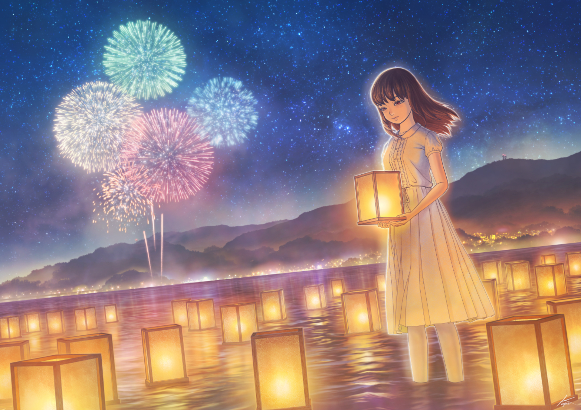 Download mobile wallpaper Anime, Water, Night, Light, Starry Sky, Fireworks, Original for free.