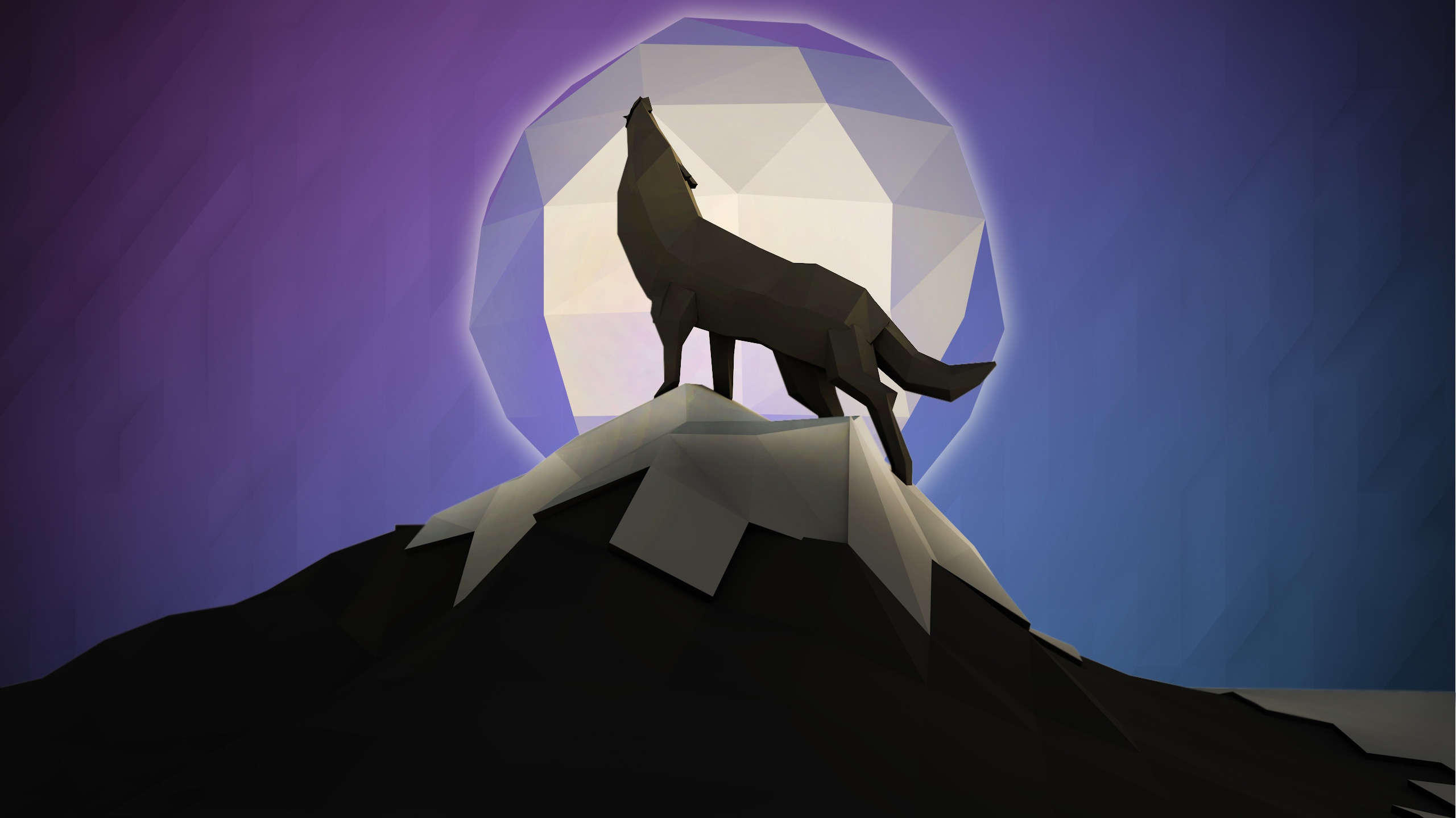 low poly, abstract, facets, moon, night, wolf