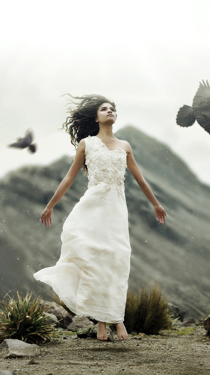 Download mobile wallpaper Bird, Mood, Crow, Brunette, Model, Women, White Dress for free.