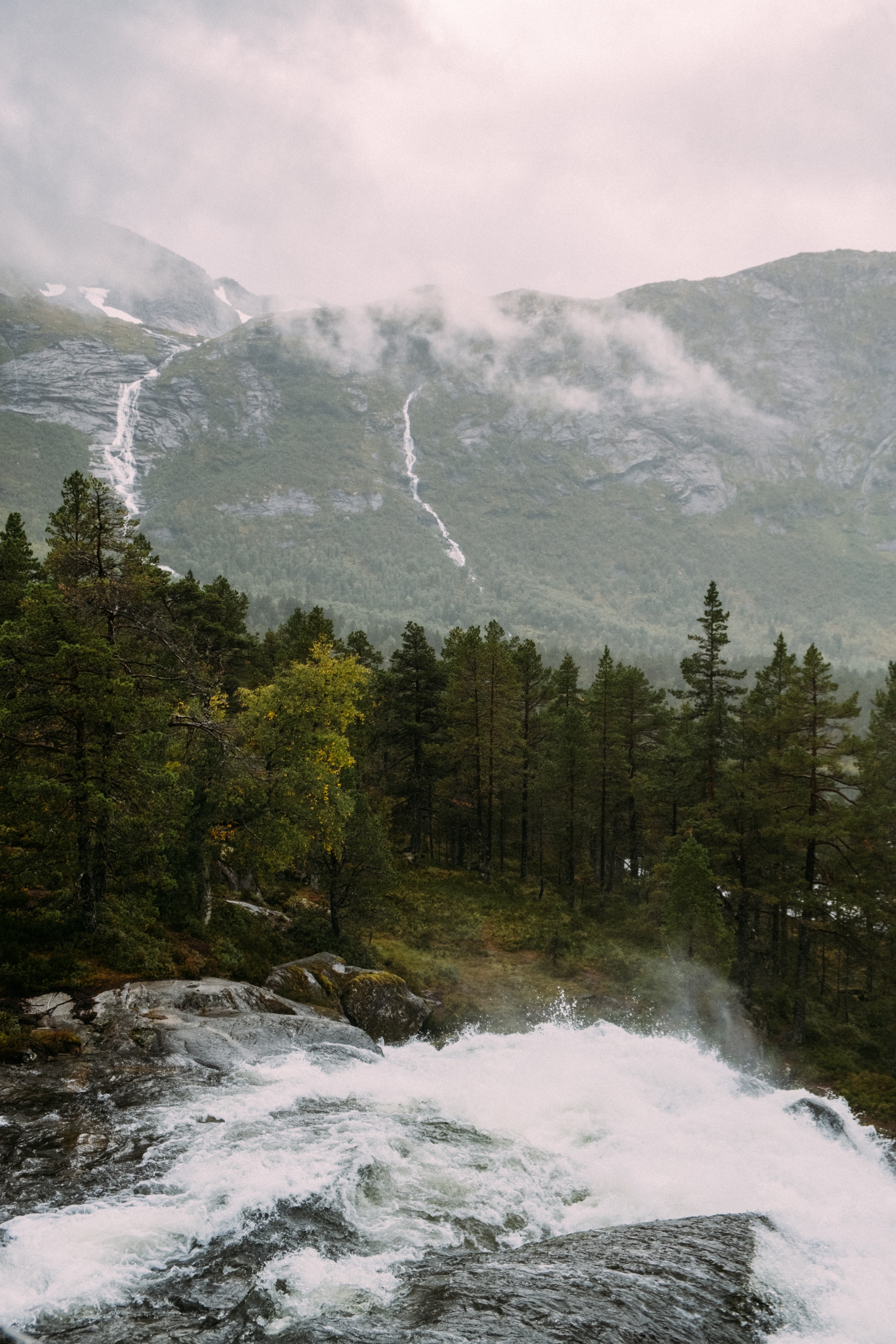 Free download wallpaper Fir, Nature, Rivers, Spruce, Trees, Mountains, Waterfall on your PC desktop