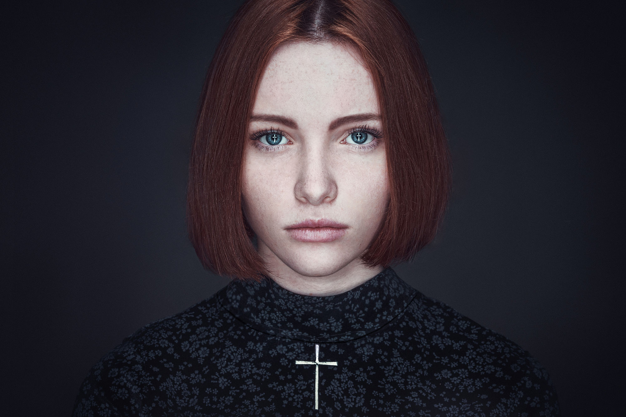 Download mobile wallpaper Redhead, Model, Women, Cross, Blue Eyes, Freckles for free.