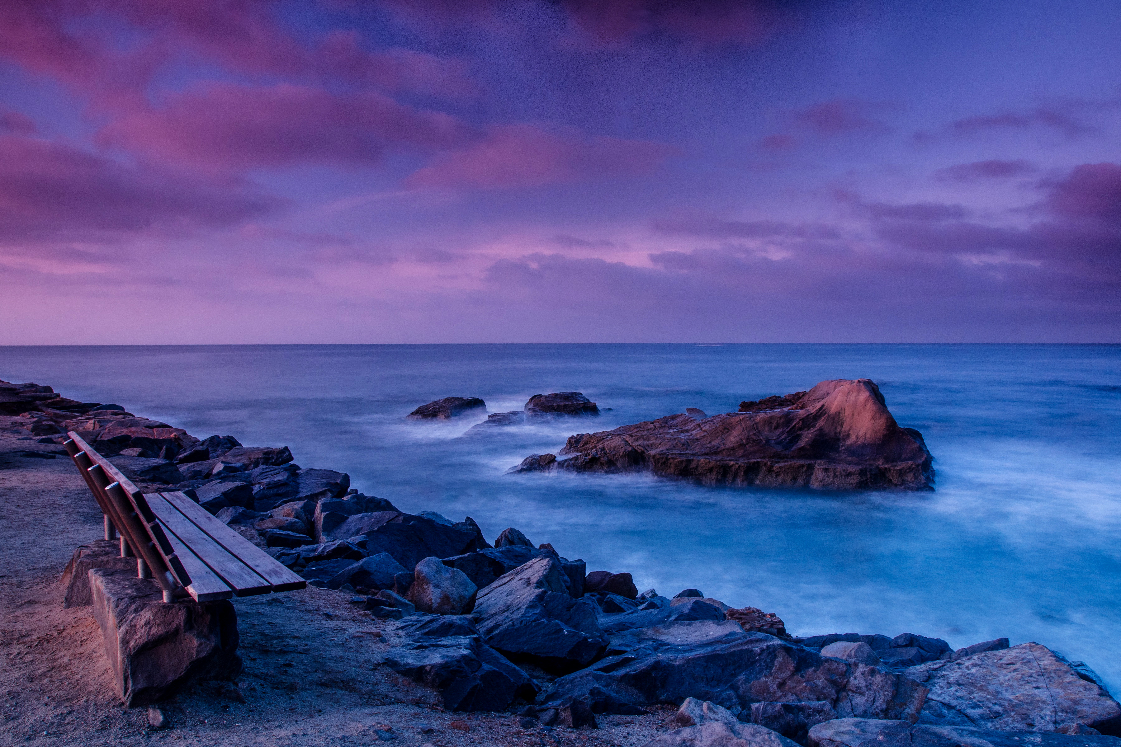 Download mobile wallpaper Sunset, Sky, Horizon, Ocean, Earth, Bench for free.
