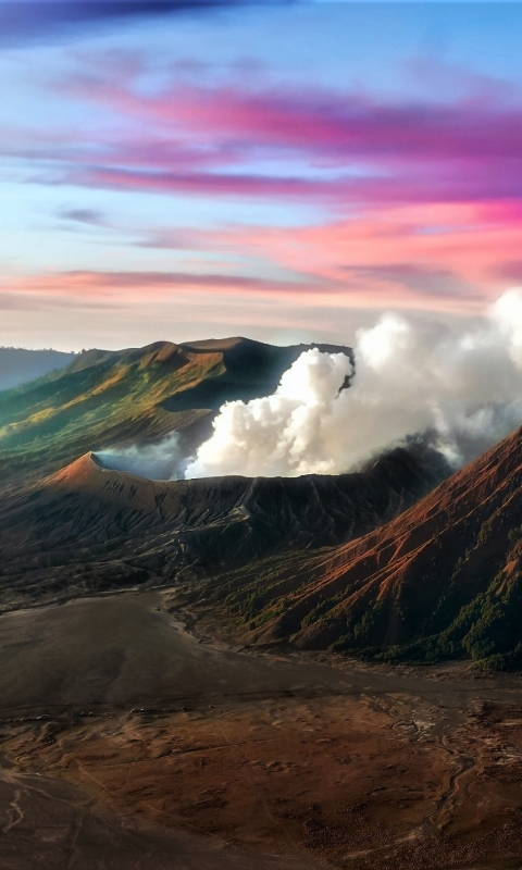 Download mobile wallpaper Sunset, Smoke, Mountain, Earth, Volcano, Crater, Volcanoes for free.