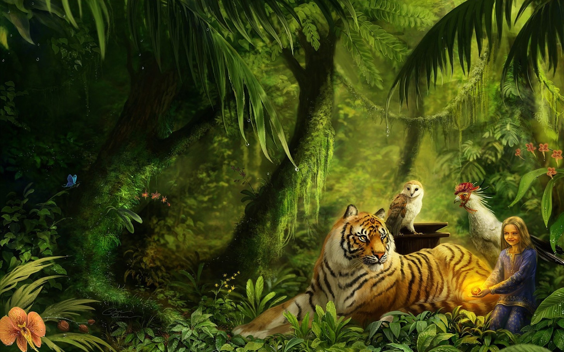 743439 скачать обои джунгли, лев, фантазия, художественные, птицы, ребёнок, лес, малышка, сова, тропический лес, тигр, дерево - заставки и картинки бесплатно