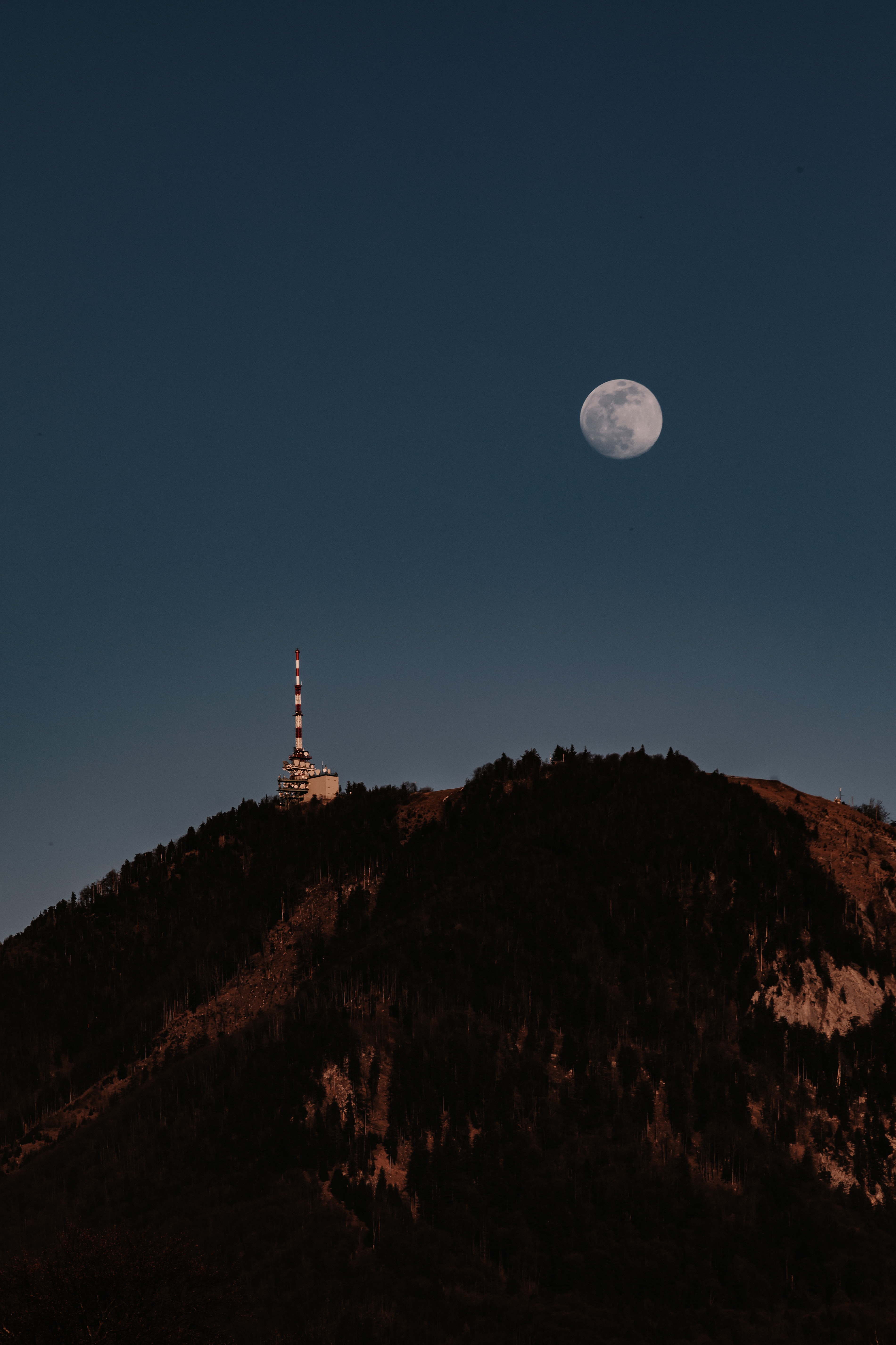 hill, nature, trees, moon, tower Full HD