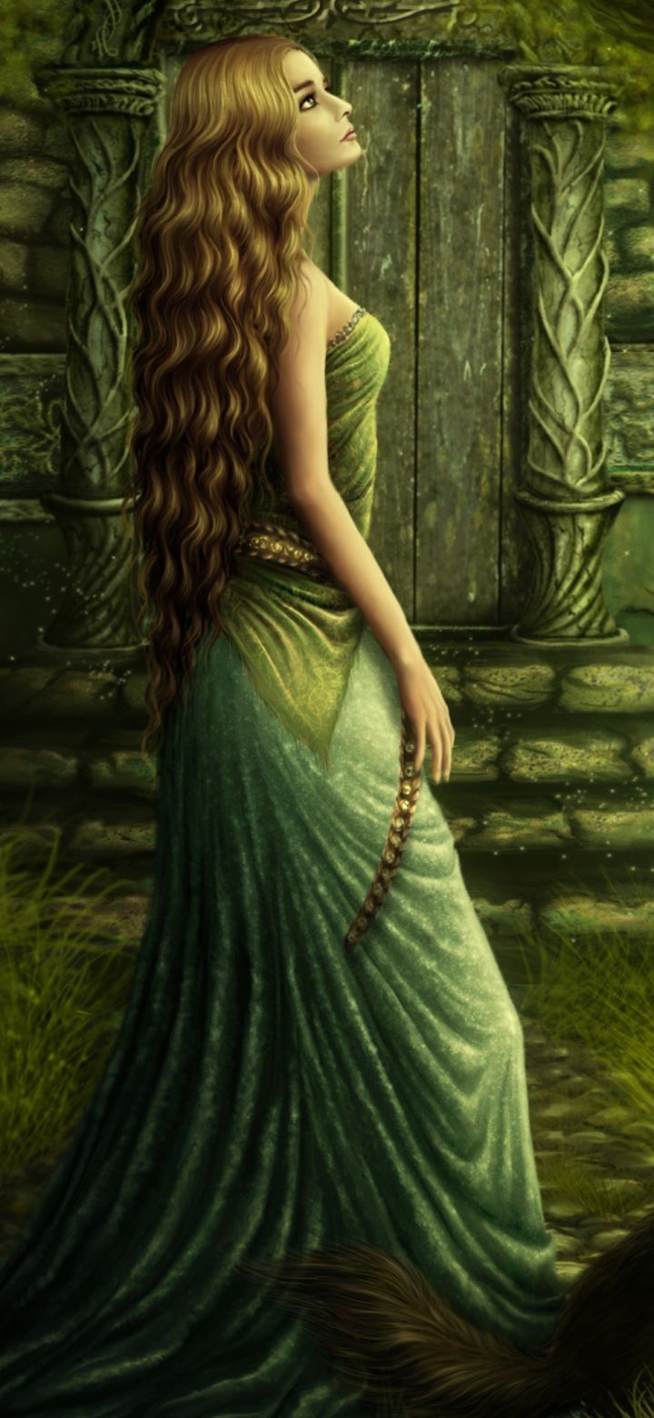 Download mobile wallpaper Fantasy, Grass, Lantern, Women, Green Dress for free.