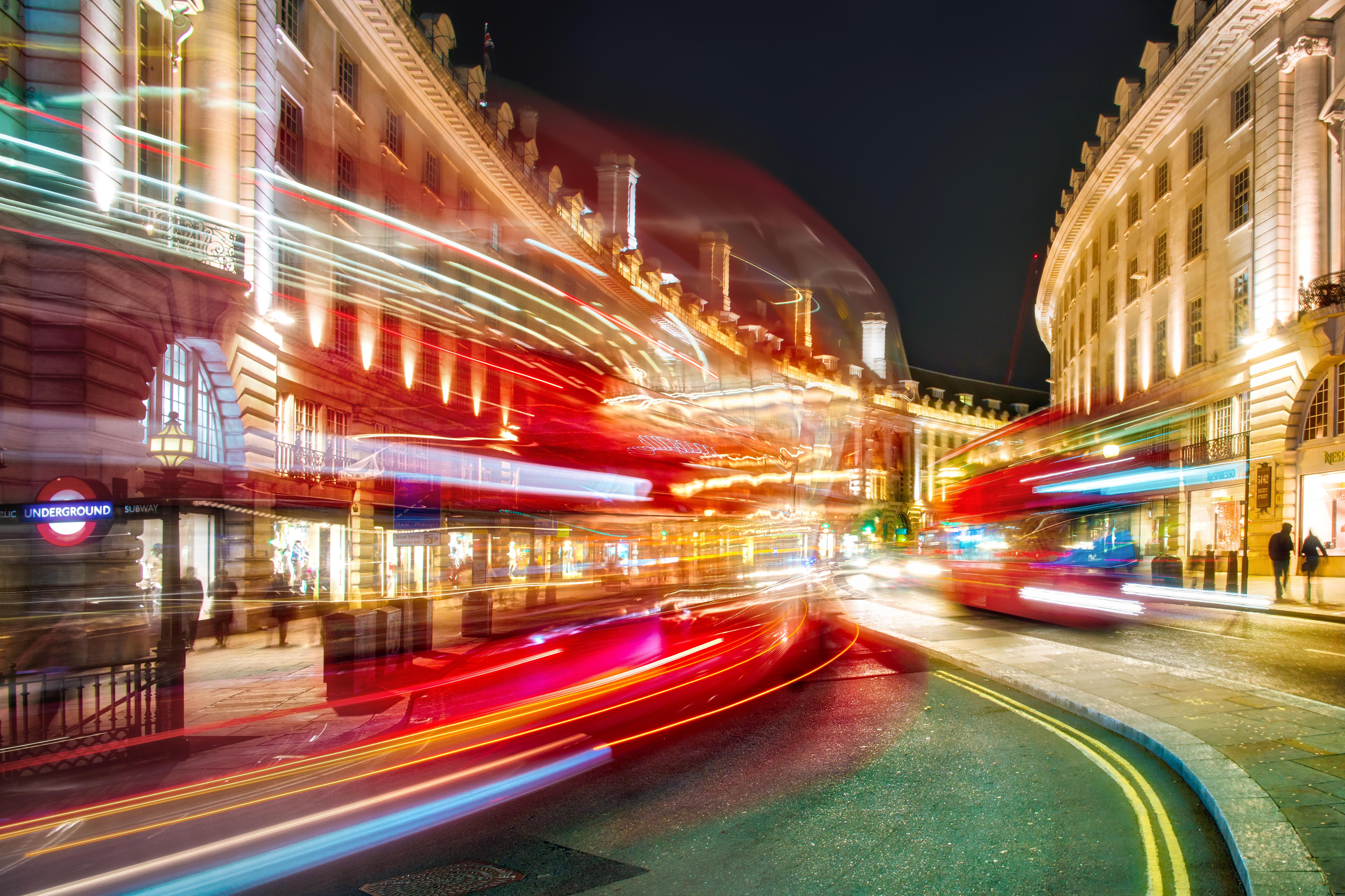 Free download wallpaper Night, London, Street, Bus, Vehicles, Motion Blur on your PC desktop
