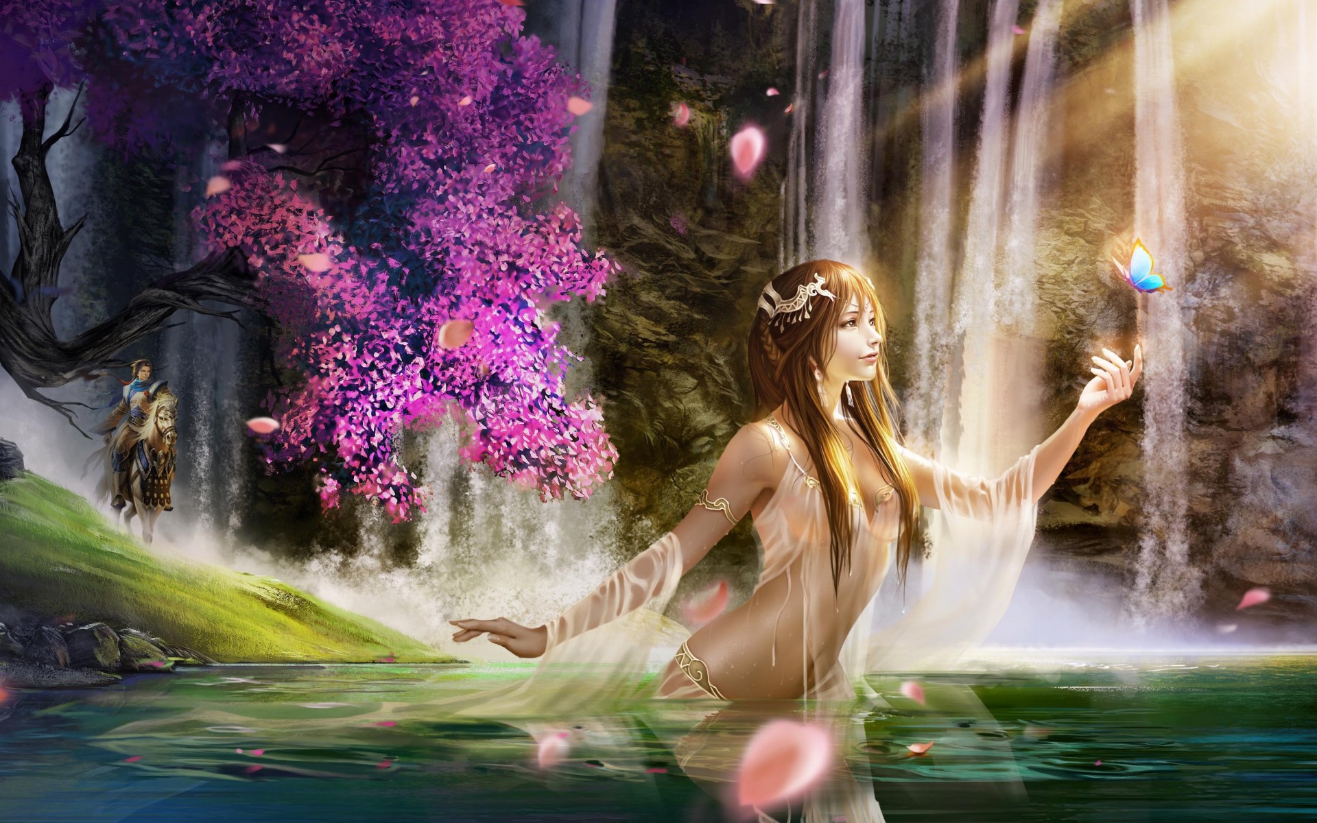 Download mobile wallpaper Fantasy, Flower, Butterfly, Pond, Fairy for free.