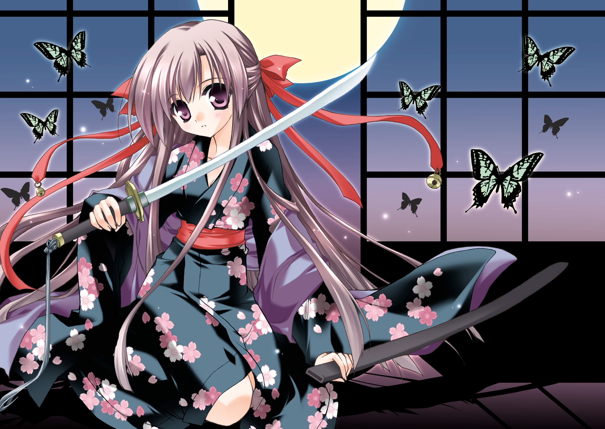Free download wallpaper Anime, Butterfly, Kimono, Sword, Original, Long Hair, Brown Hair, Purple Eyes, Bow (Clothing) on your PC desktop