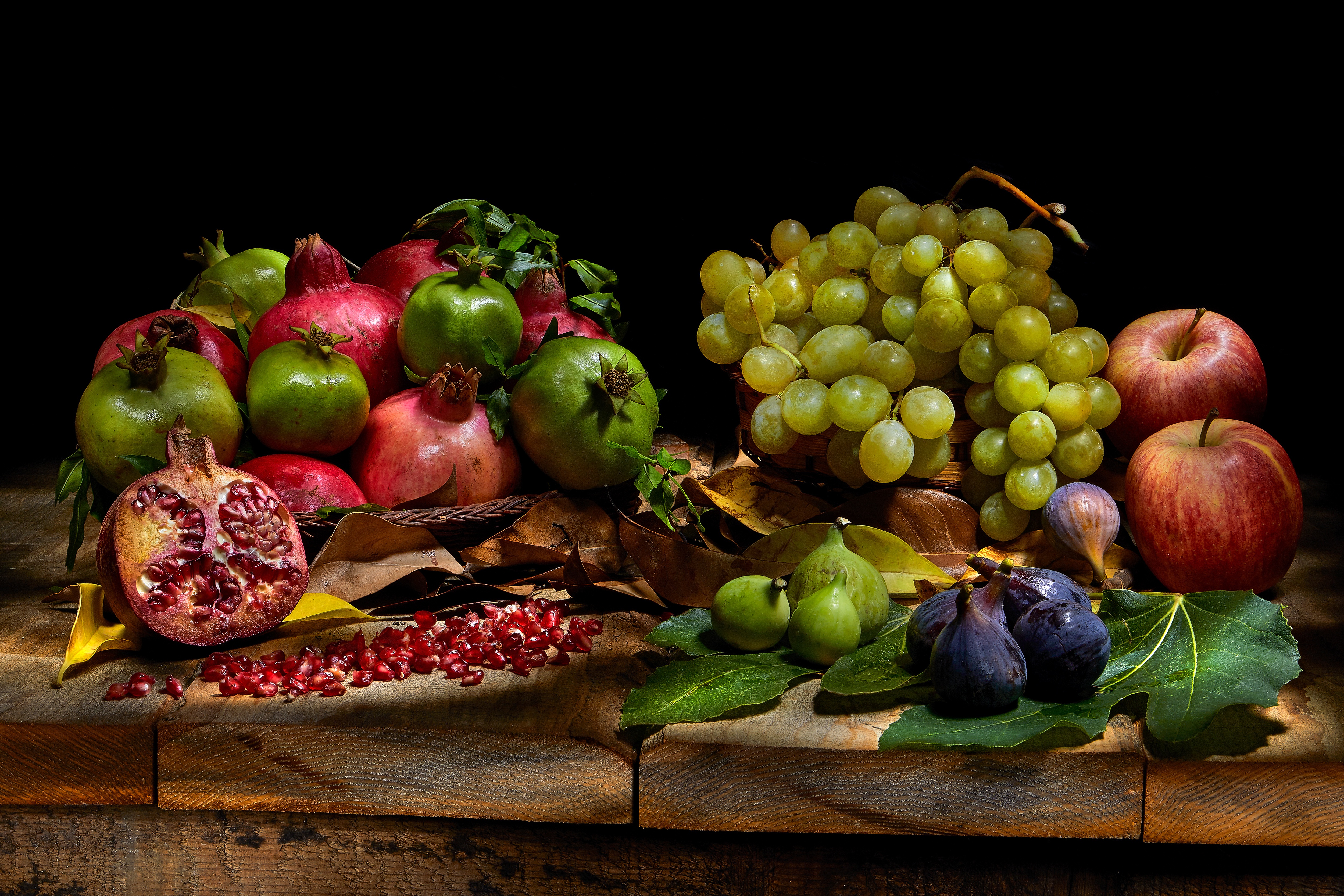 food, fruit, apple, fig, grapes, pomegranate, still life, fruits