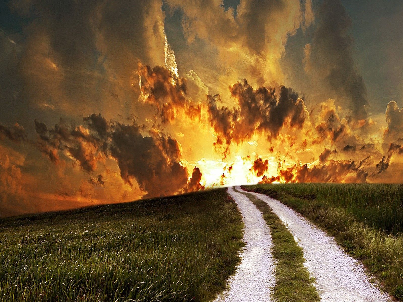 Free download wallpaper Nature, Sunset, Sky, Clouds, Field, Road on your PC desktop